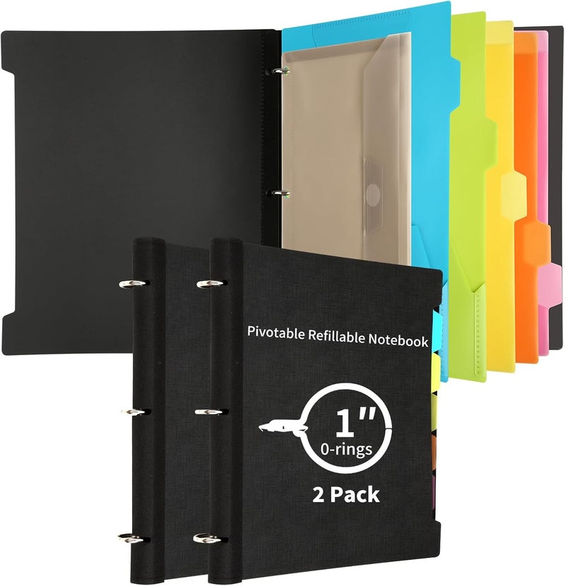 Tashkummy 2 Pcs Pivotable Refillable Notebook, 3 Ring Binder Notebooks 1 Inch, Notebook with Dividers and Pockets, Folder Notebook, Flexible Binder, Soft Binders 3 Ring, Foldable Binder- Black - Image 1